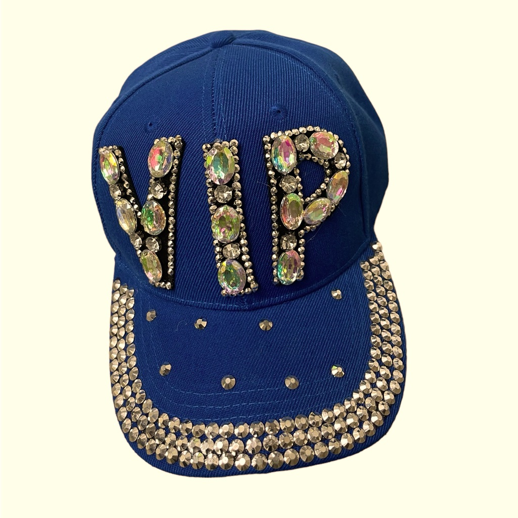 Vip Blue Baseball Cap Decorated With Studs Rhinestones